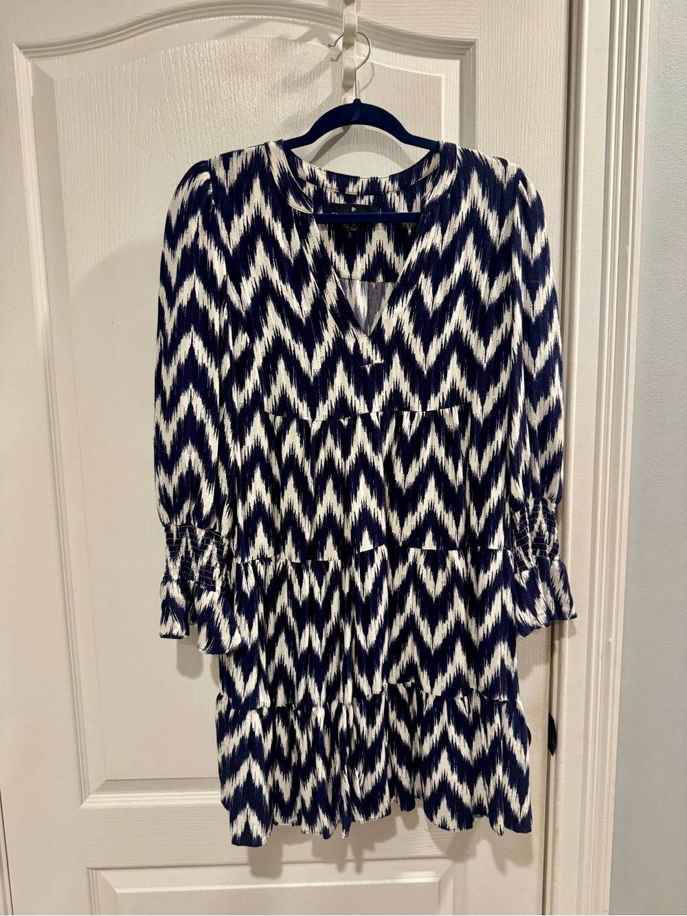 Pomander Place Navy & White Zigzag Tiered V-Neck Long Sleeve Dress